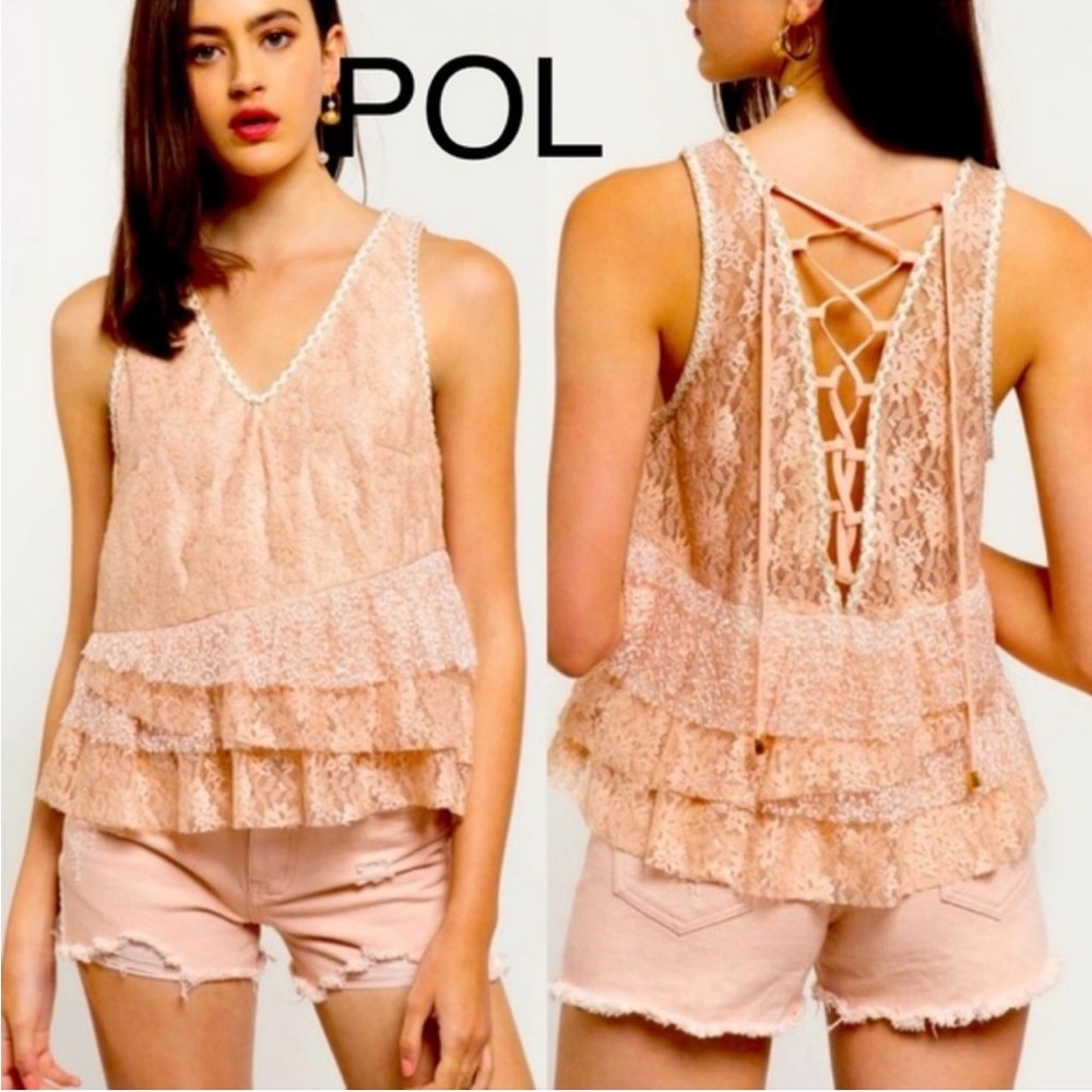 POL Lace Layered Blouse in Peach